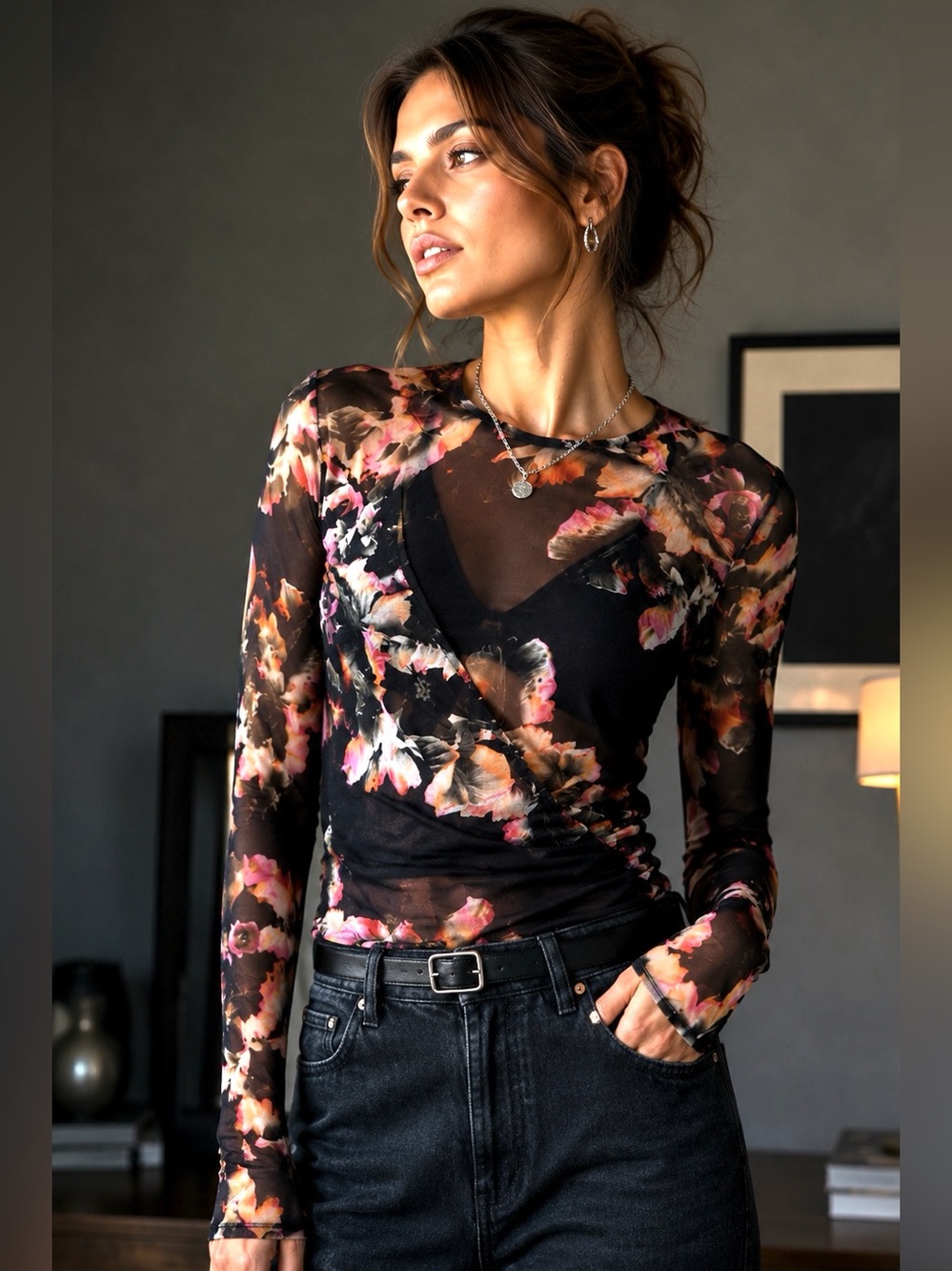 All Saints Elia Black Floral Sheer Ruched Top NWT Size 6 Designer